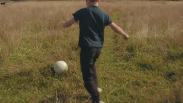 Petit garçon jouant au foot sur le terrain. Enfant courant à travers la prairie avec une balle. Campagne et forêt — Video