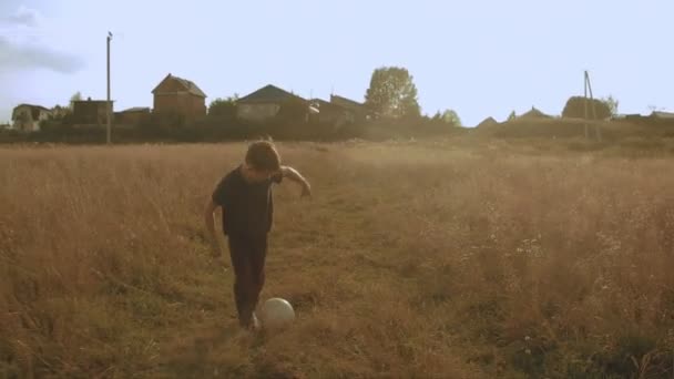 Petit garçon jouant au foot sur le terrain. Enfant courant à travers la prairie avec une balle. Campagne et forêt — Video