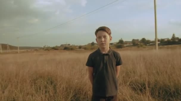 Портал о маленьком мечтательном мальчике в поле — стоковое видео