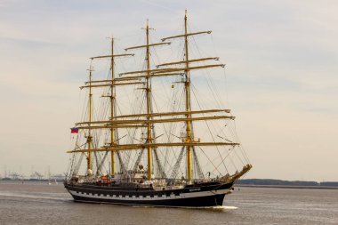 Antwerp limanından gelen uzun gemiler ve botlar Antwerp 2016 etkinliği sırasında Batı Scheldt 'te denize açıldı..