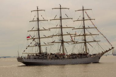 Antwerp limanından gelen uzun gemiler ve botlar Antwerp 2016 etkinliği sırasında Batı Scheldt 'te denize açıldı..