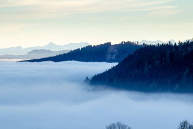 Avusturya 'daki dağların tepelerinden gün batımına kadar uzanan manzara. Ormana ve vadideki sisli bulutlara bakıyorum..