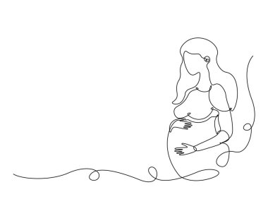 Tek hatlı çizimde hamile bir kadın. Sürekli olarak karnını tutan hamile bir kadının çizimlerini çiziyor. Düzenlenebilir vuruş.