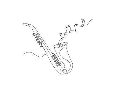 Tek ana hatlı çizimde notaları olan bir saksafon. Saksafon çiziminin kesintisiz çizimi ses görüntüsü.
