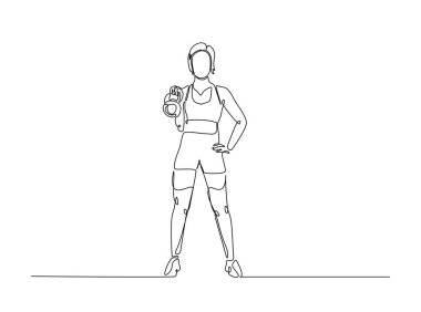 Tek çizgili resimde kettlebell kullanan genç bir antrenman. Kettlebell kaldıran kadının durmaksızın çizdiği çizimler..