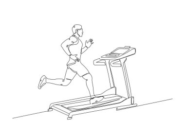 Tek bir çizimde koşu bandında koşan genç bir adam. Koşu bandında sürekli koşu çizimleri..