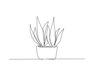 İç taslak çizimi için saksı çiçeği. Bahçıvanlık konsepti için saksı bitkisinin sürekli çizimi.