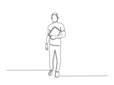 Kitapları tek bir tasvirle tutan genç bir adam. Kitap tutan öğrencilerin kesintisiz çizimleri..