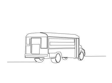 Tek hatlı illüstrasyonla okul otobüsü. Okul otobüsünün kesintisiz çizimi.