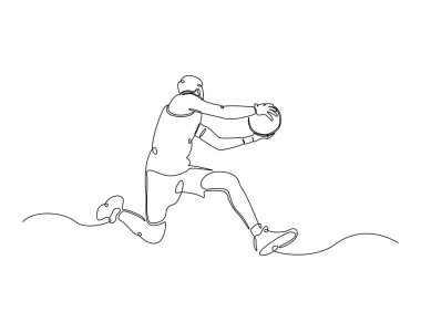 Tek ana hatlı resimde basketbolcu. Basketbolcunun aralıksız çizimi.