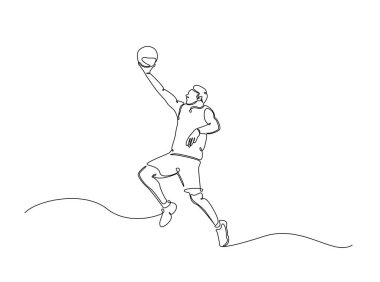 Tek ana hatlı resimde basketbolcu. Basketbolcunun aralıksız çizimi.