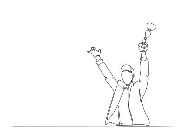 Başarılı bir iş adamı kupayı tek bir taslak çizimde tutuyor. Yılın çalışanı ödülünün kesintisiz çizimi.