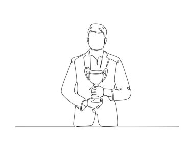 Başarılı bir iş adamı kupayı tek bir taslak çizimde tutuyor. Yılın çalışanı ödülünün kesintisiz çizimi.