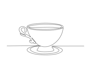 Bir fincan sıcak çay ve tek bir taslak çizim. Antika çay fincanının kesintisiz çizimi.