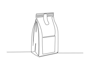 Tek hatlı resimli kahve ya da çay kağıdı paketi. Kese kağıdı ambalajının kesintisiz çizimi.