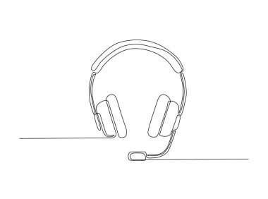 Tek hatlı resimli müzik kulaklığı. Kulaklık ve müzik ekipmanlarının kesintisiz çizimi.
