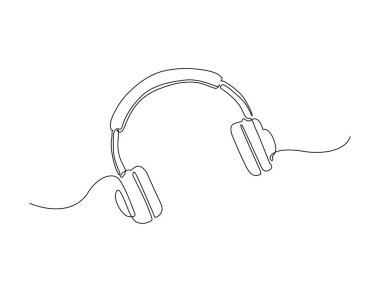 Tek hatlı resimli müzik kulaklığı. Kulaklık ve müzik ekipmanlarının kesintisiz çizimi.