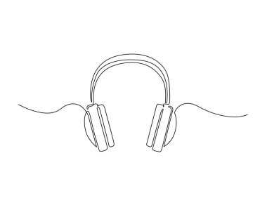 Tek hatlı resimli müzik kulaklığı. Kulaklık ve müzik ekipmanlarının kesintisiz çizimi.