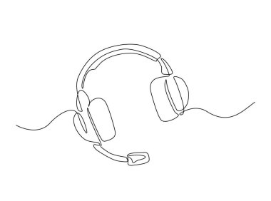 Tek hatlı resimli müzik kulaklığı. Kulaklık ve müzik ekipmanlarının kesintisiz çizimi.