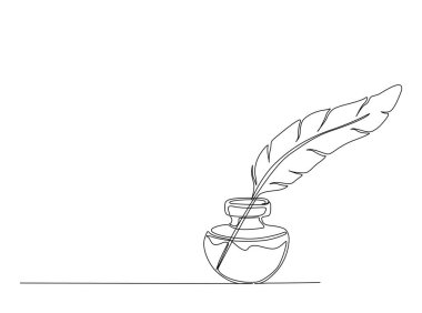 Kalem ya da tüy kalem, mürekkep şişesi ve tek bir taslak çizim. Kalem ve mürekkebin aralıksız çizimi.