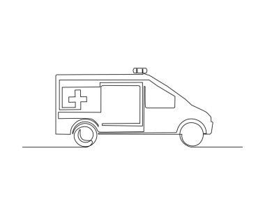 Hastane ambülans arabası tek hatlı çizimde. Ambulans aracının sürekli çizimleri..