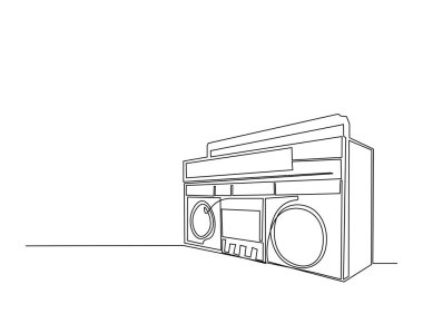 Retro boombox radyo kaset çaları tek bir taslak illüstrasyonda. Klasik teyp radyosunun aralıksız çizimi.