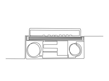 Retro boombox radyo kaset çaları tek bir taslak illüstrasyonda. Klasik teyp radyosunun aralıksız çizimi.
