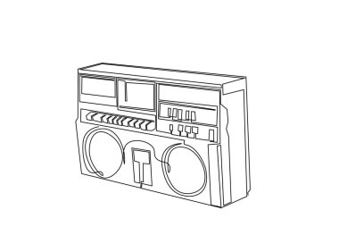 Retro boombox radyo kaset çaları tek bir taslak illüstrasyonda. Klasik teyp radyosunun aralıksız çizimi.