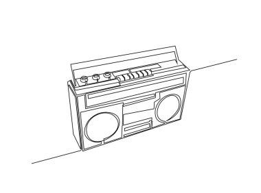 Retro boombox radyo kaset çaları tek bir taslak illüstrasyonda. Klasik teyp radyosunun aralıksız çizimi.