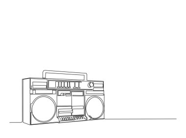 Retro boombox radyo kaset çaları tek bir taslak illüstrasyonda. Klasik teyp radyosunun aralıksız çizimi.