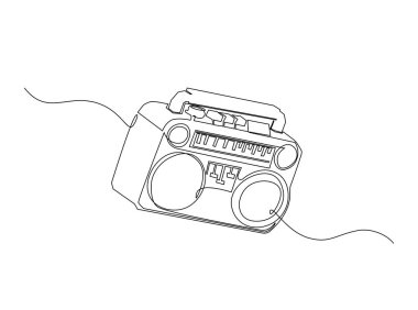 Retro boombox radyo kaset çaları tek bir taslak illüstrasyonda. Klasik teyp radyosunun aralıksız çizimi.