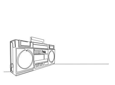 Retro boombox radyo kaset çaları tek bir taslak illüstrasyonda. Klasik teyp radyosunun aralıksız çizimi.
