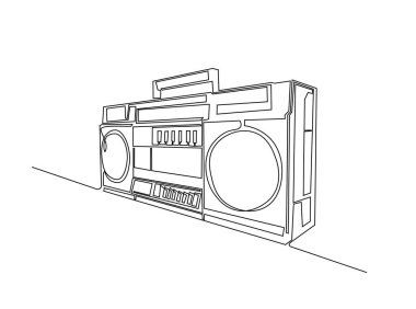 Retro boombox radyo kaset çaları tek bir taslak illüstrasyonda. Klasik teyp radyosunun aralıksız çizimi.
