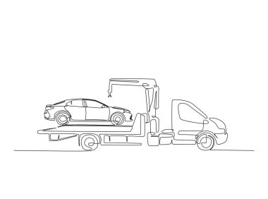 Tek hatlı çizimde çekilen araba servisi. Tahliye aracının çekici ile sürekli çizimi.