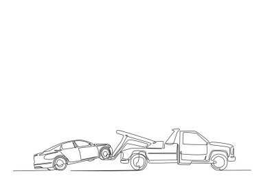 Tek hatlı çizimde çekilen araba servisi. Tahliye aracının çekici ile sürekli çizimi.