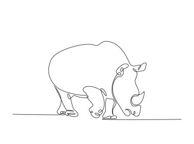 Vahşi gergedanlar tek ana hatlı resimlerde. Gergedan hayvanının aralıksız çizimleri..