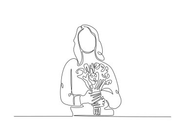 Elinde buket çizimi olan bir kadın. Çiçek buketi tutan genç bayanın durmaksızın çizdiği resim. Düzenlenebilir vuruş.