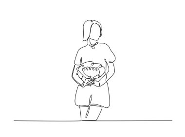 Elinde buket çizimi olan bir kadın. Çiçek buketi tutan genç bayanın durmaksızın çizdiği resim. Düzenlenebilir vuruş.