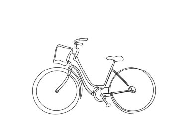 Klasik kızlar bisiklet hatları çizimi. Kız bisikletinin sepetli çizimlerinin kesintisiz çizimi. Düzenlenebilir vuruş.