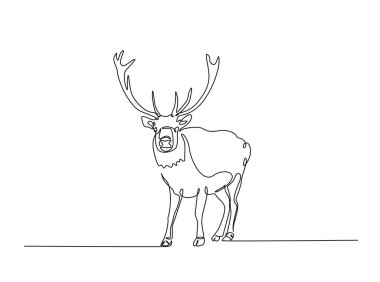 Tek ana hatlı resimde ren geyiği. Vahşi ren geyiklerinin aralıksız çizimleri. Düzenlenebilir vuruş.