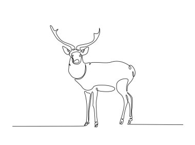 Tek ana hatlı resimde ren geyiği. Vahşi ren geyiklerinin aralıksız çizimleri. Düzenlenebilir vuruş.