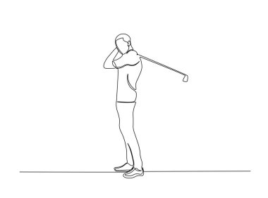 Tek hatlı çizimde profesyonel golfçü. Devamlı golfçü çizimi. Düzenlenebilir vuruş.
