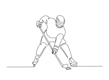 Tek hatlı çizimde profesyonel buz hokeyi oyuncusu. Hokey sporunun aralıksız çizimleri. Düzenlenebilir vuruş.