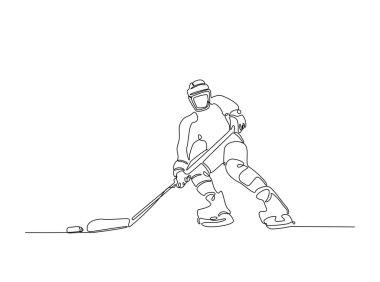 Tek hatlı çizimde profesyonel buz hokeyi oyuncusu. Hokey sporunun aralıksız çizimleri. Düzenlenebilir vuruş.