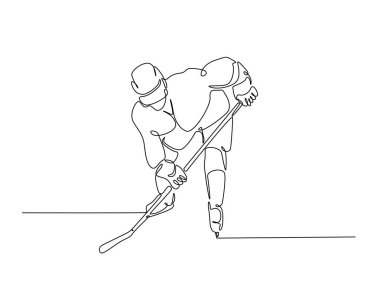 Tek hatlı çizimde profesyonel buz hokeyi oyuncusu. Hokey sporunun aralıksız çizimleri. Düzenlenebilir vuruş.