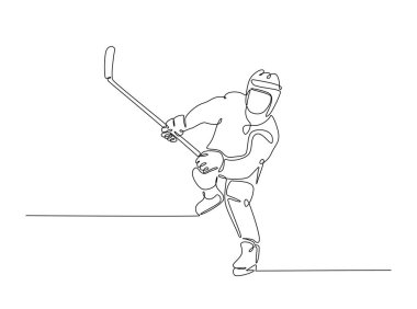 Tek hatlı çizimde profesyonel buz hokeyi oyuncusu. Hokey sporunun aralıksız çizimleri. Düzenlenebilir vuruş.