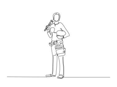 Tek hatlı çizimde kadın marangoz. Kadın mühendisin sürekli çizimi, endüstriyel konsept. Düzenlenebilir vuruş.