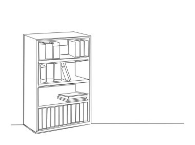 Kütüphane kitaplığı mobilyaları tek bir taslak çizimde. Kitap rafı kütüphanesinin kesintisiz çizimi. Düzenlenebilir vuruş.