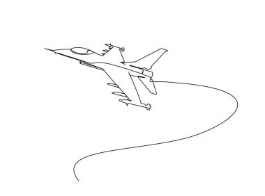 Tek hatlı resimli askeri savaş uçağı. Askeri savaş uçağı çizimleri devam ediyor. Düzenlenebilir vuruş.