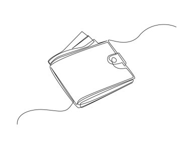 Cüzdandaki para tek bir taslak çizimde. Cüzdan ve para çizimleri devam ediyor. Düzenlenebilir vuruş.